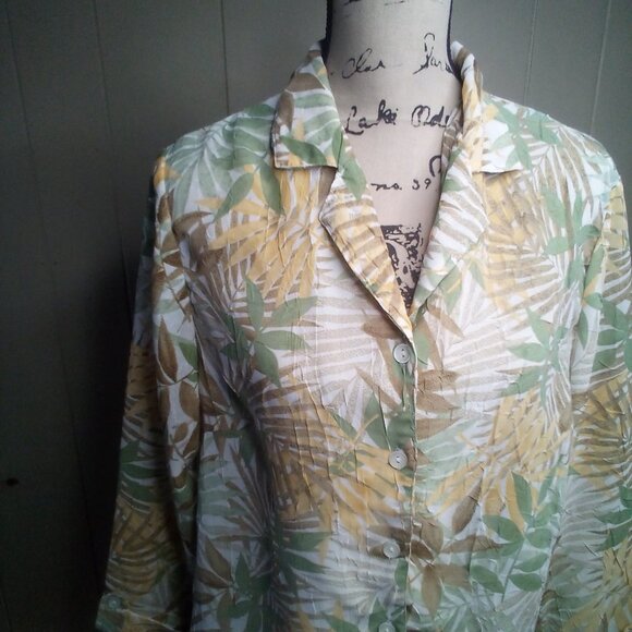 Cathy Daniels Blouse M Button Up Sheer Textured 3/4 Sleeve Floral Brown Green - Picture 8 of 16